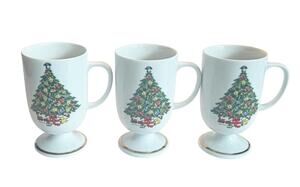 Vtg Action Industries Japan Set of 3 Christmas Tree Holiday Pedestal Coffee Mugs